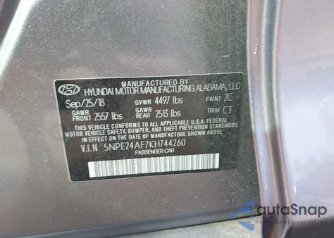 2019 Hyundai Sonata Se from USA, damaged, VIN 5NPE24AF7KH744260